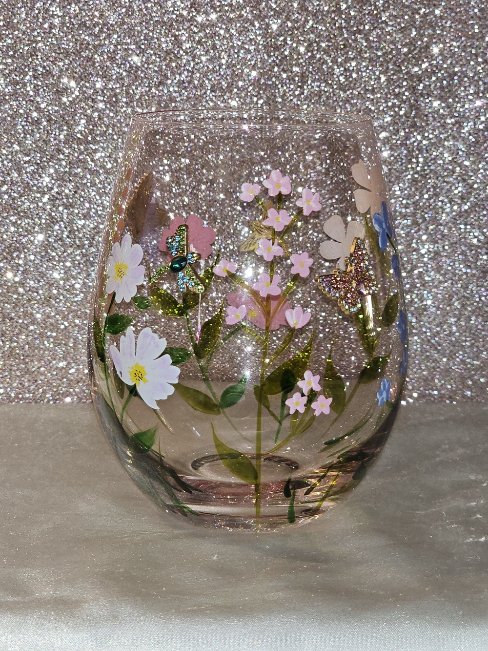 Hand-Painted Floral Glass Cup w/Metal Charms Dragonflies & Butterflies - Picture 2 of 5